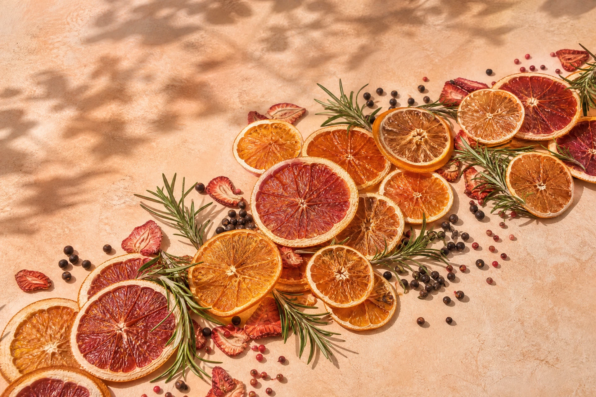 Dried citrus and botanical ingredients styled as a TSGC still life